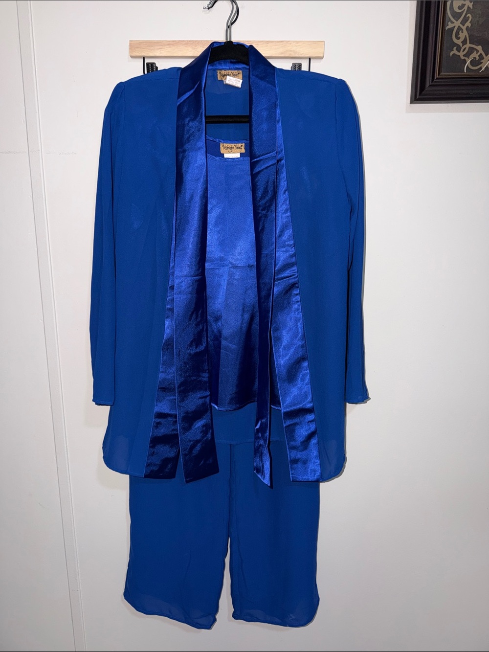 Midnight Velvet Royal Blue Women's Three-Piece Pantsuit with Satin Trim